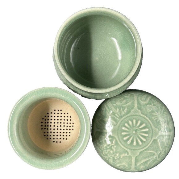 Celadon Porcelain Bamboo Floral Design Signed Caddy Pot Jar made in Korea 3 pc - Picture 6 of 12